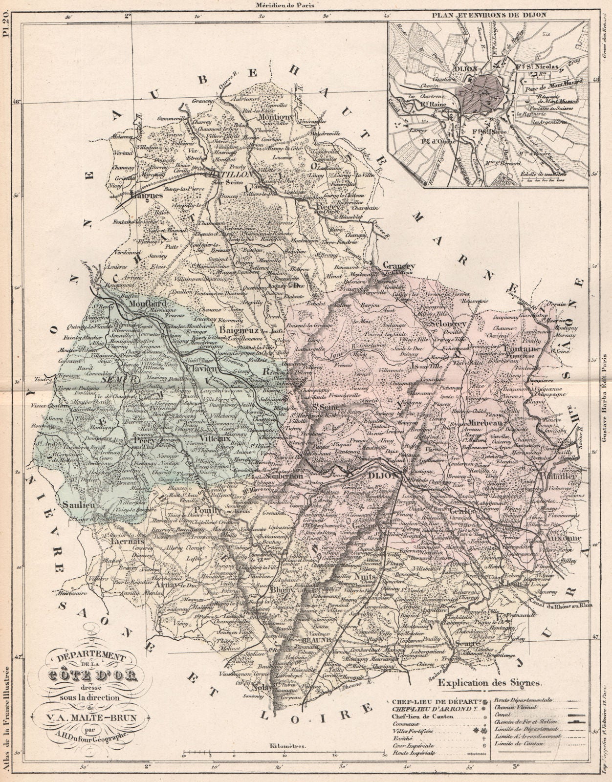 CÔTE-D'OR. Carte du département. Cote d'Or. Plan de Dijon. MALTE-BRUN 1852 map